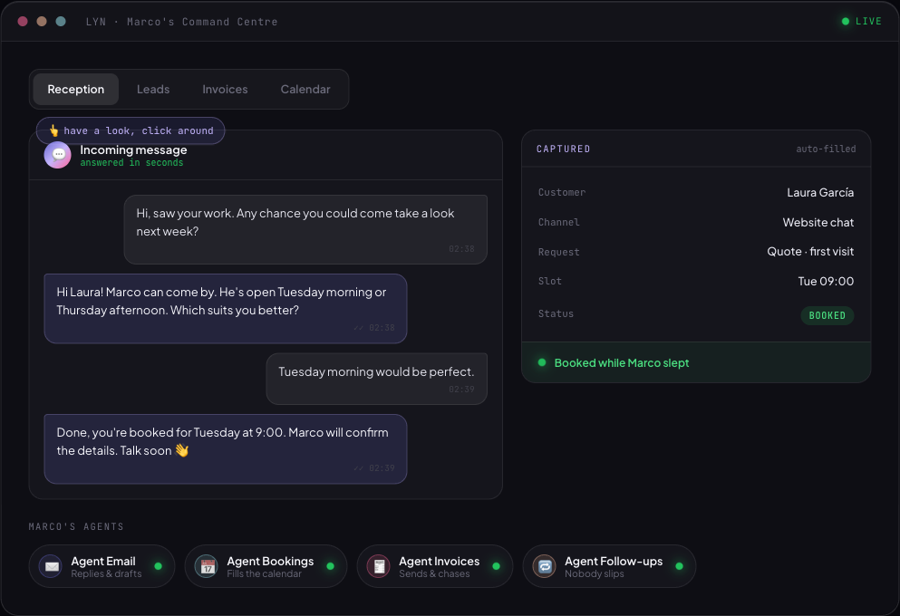 Marco's Command Centre, a dark dashboard where an AI agent books a customer overnight, drafts the reply, sends the invoice, and fills the calendar on its own.